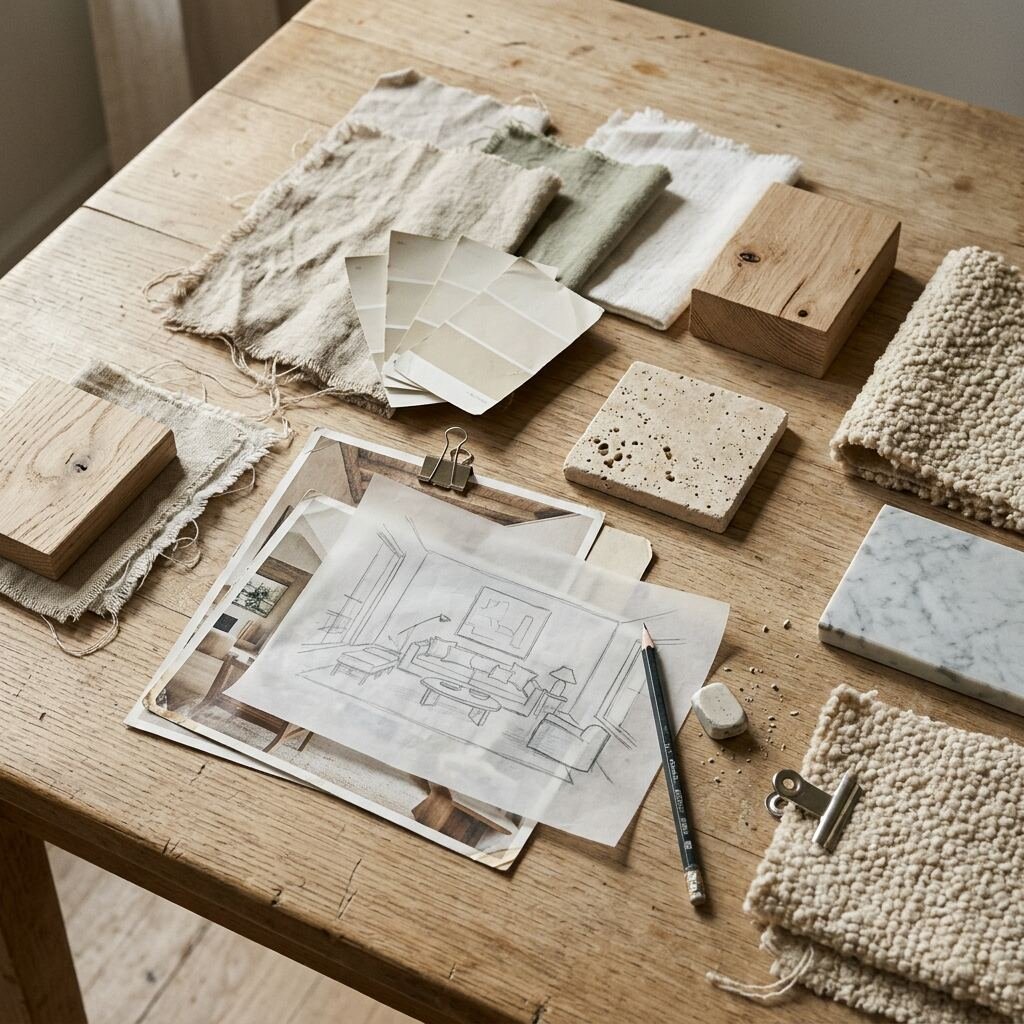 Moodboard de interiorismo con telas, muestras de color, madera, travertino, mármol y un boceto del salón