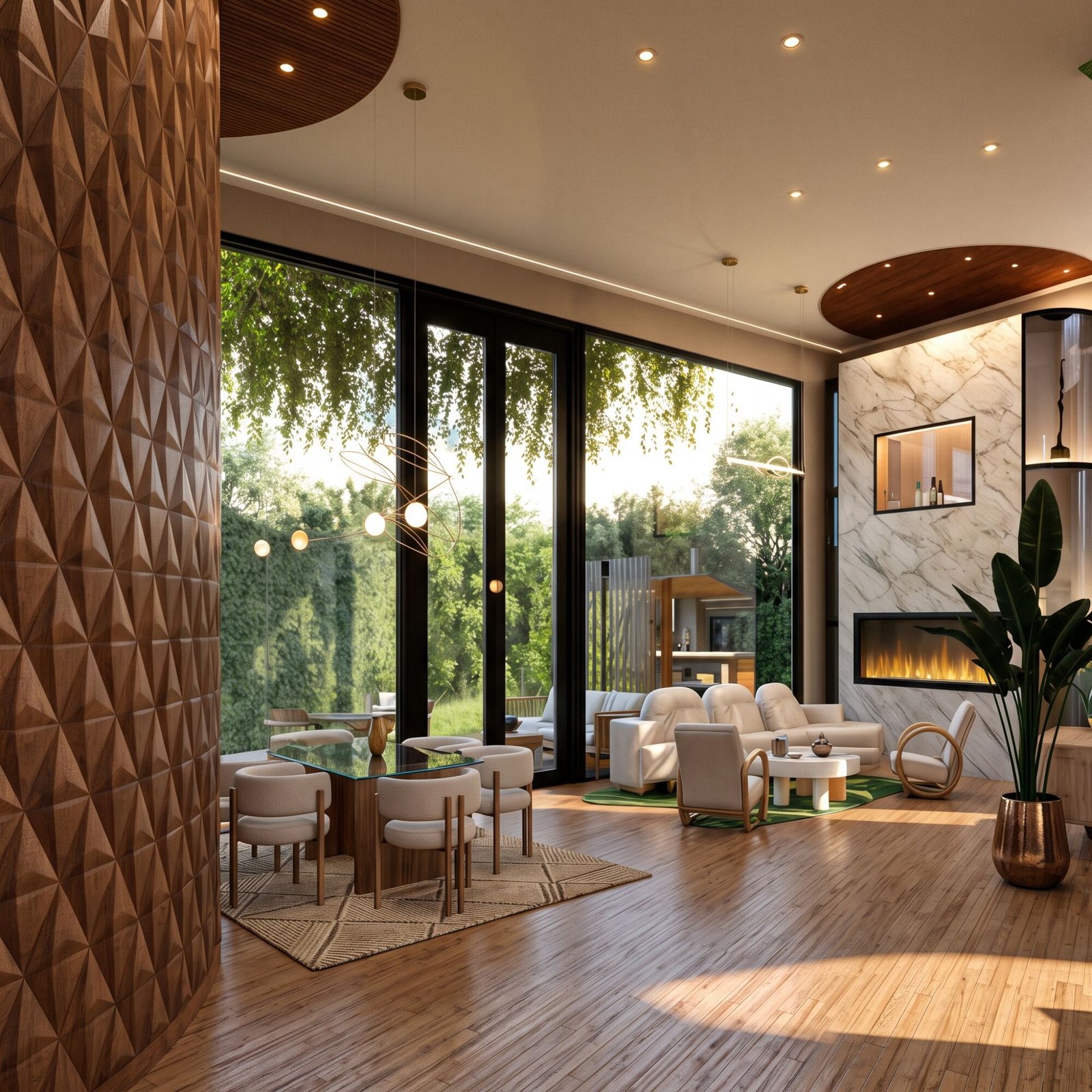 Render 3D de un salón comedor con revestimiento de madera, chimenea de mármol y grandes ventanales al jardín