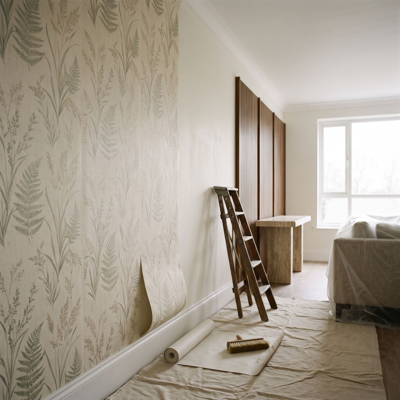 Papel pintado botánico en una pared de salón durante la obra, con escalera y rodillo