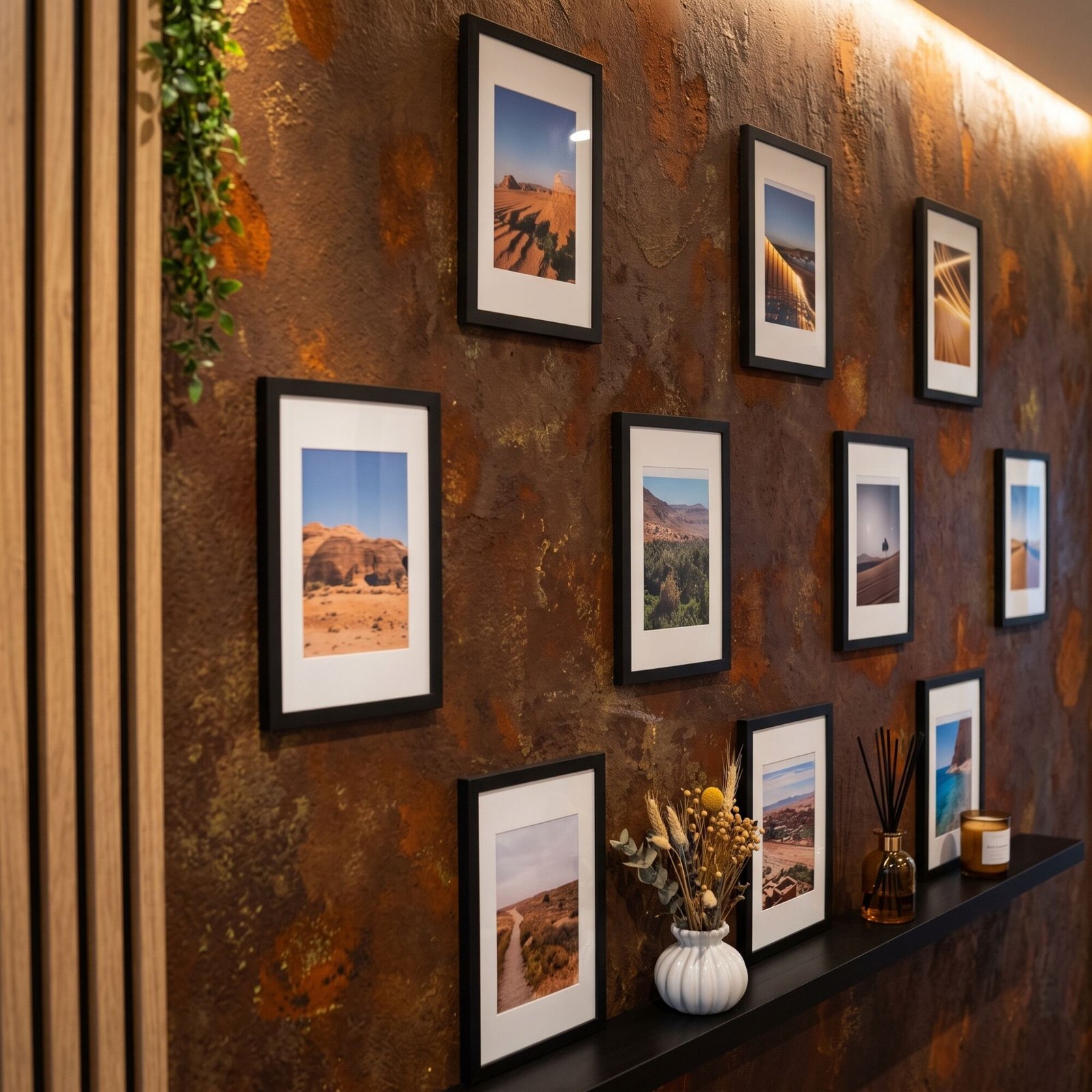Las Estaciones de la Ermita: pared con acabado oxidado y composición de fotografías enmarcadas