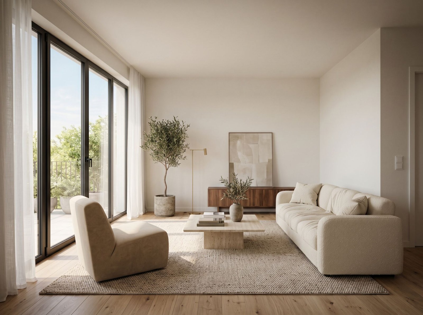 Sala de estar luminosa y despejada de un apartamento preparado con home staging Sala de estar luminosa y despejada de un apartamento preparado con home staging