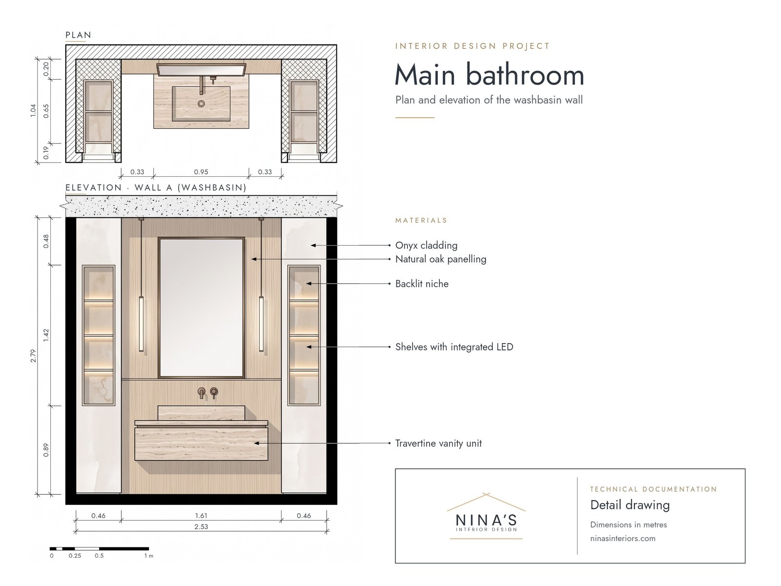 Detail drawing of a main bathroom with plan, elevation, dimensions and materials, by Nina's Interior Design Detail drawing of a main bathroom with plan, elevation, dimensions and materials, by Nina's Interior Design
